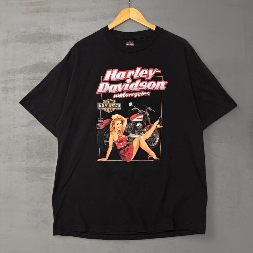 Harley Davidson Vintage Shirt Black Pinup Girl Motorcycle Collierville TN XL